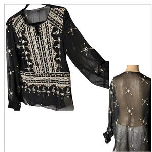 Matty M sheer artsy embroidered blouse S boho,hi lo, whimsy,dark fairy,goth